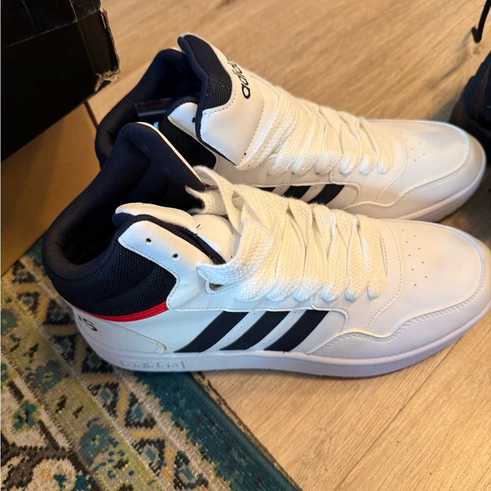 Adidas White and Blue High-Top Sneakers